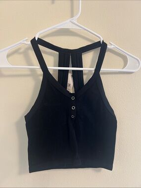 FP Movement by Free People Black Ribbed Racerback Crop Top with Button Placket